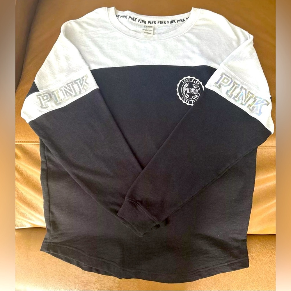 EUC PINK Victoria Secret Women White/Black Vintage Varsity Crew Oversized Large